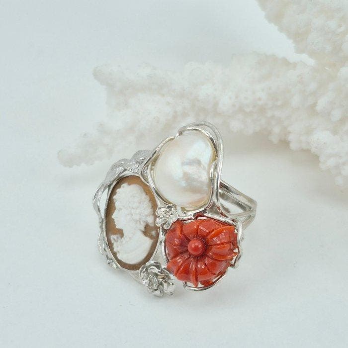 Koraal - Zilver - Ring - CORALLO MEDITERRANEO, Antiek en Kunst, Curiosa en Brocante