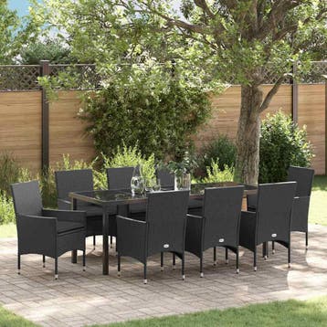 vidaXL Tuin Eettafel Set 9 st Zwart poly rattan, Verzenden, Nieuw