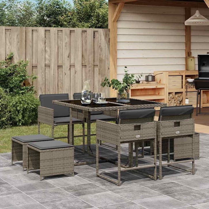 vidaXL 9-delige Tuinset met kussens poly rattan grijs, Tuin en Terras, Tuinsets en Loungesets, Tuinset, Nieuw, Verzenden