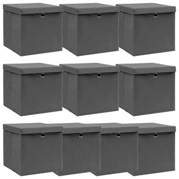 vidaXL Opbergboxen met deksel 10 st 32x32x32 cm stof grijs, Verzenden, Nieuw