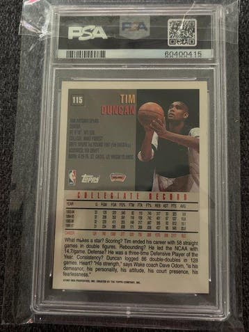1997 Topps Topps Tim Duncan 115 Graded card, Carte Rookie -