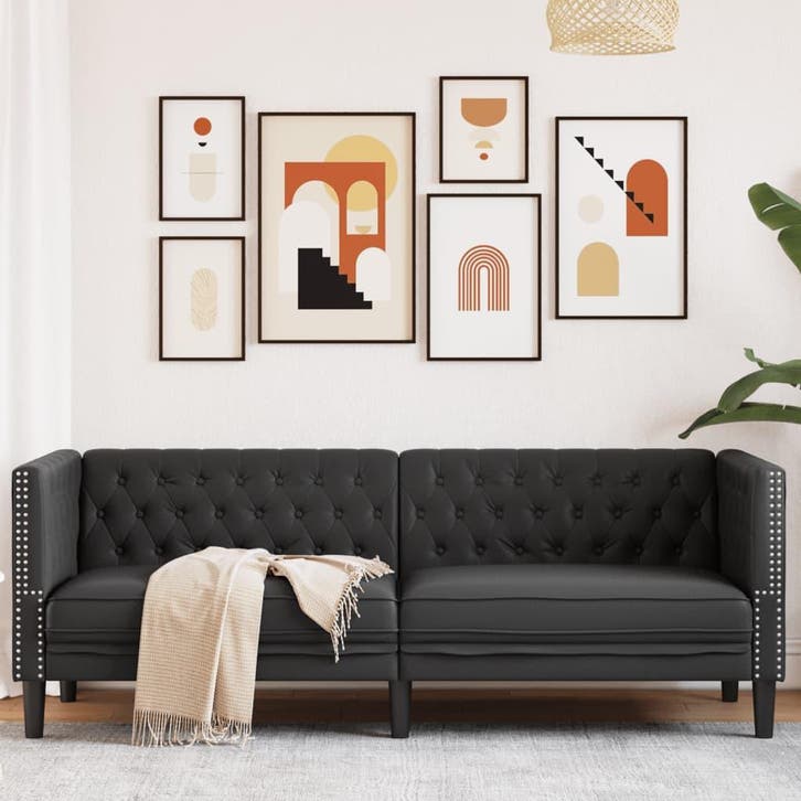 vidaXL Driezitsbank Chesterfield-stijl kunstleer zwart, Huis en Inrichting, Zetels | Zetels, Nieuw, Verzenden