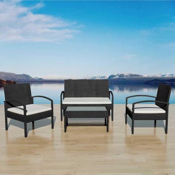 vidaXL 4-delige Loungeset met kussens poly rattan zwart, Verzenden, Loungeset