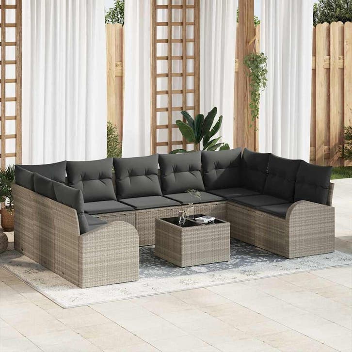 vidaXL Bankstel met kussen 10 pcs Lichtgrijs Poly Riet, Jardin & Terrasse, Ensembles de jardin, Envoi