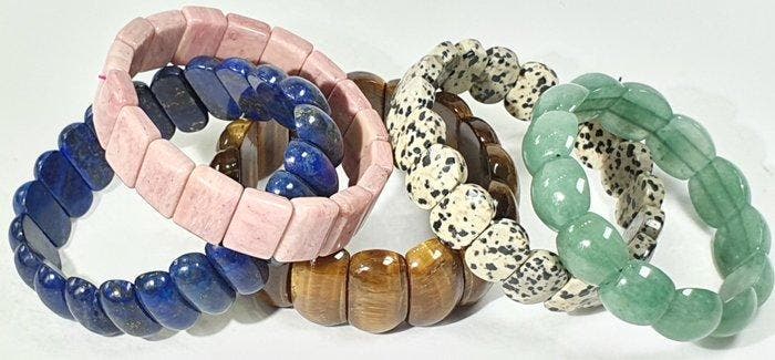 5 Armbanden: Rodoniet, Groene Aventurijn, Lapis Lazuli,, Collections, Minéraux & Fossiles