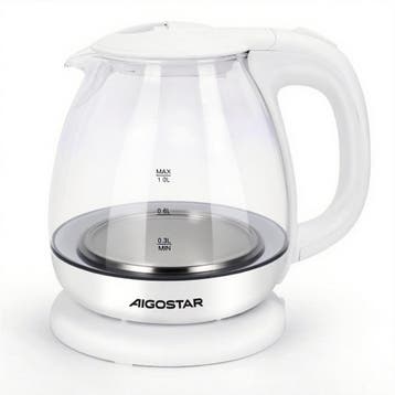 Waterkoker glas - met LED - 1L - 2200W - Wit - Aigostar •, Verzenden, Nieuw
