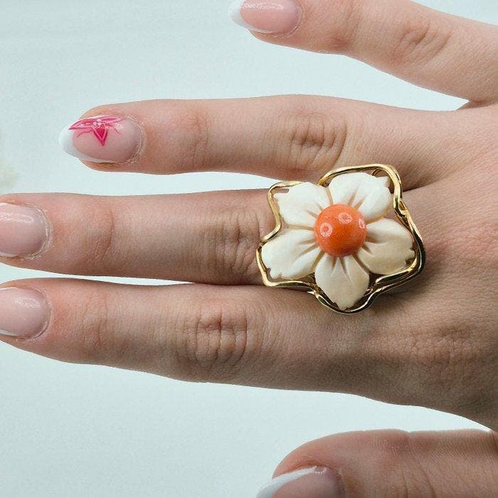 Koraal - Zilver, Verguld - Ring - CORALLO MEDITERRANEO, Antiquités & Art, Curiosités & Brocante