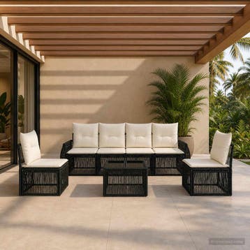 vidaXL Tuinbank Set 7 st Zwart en Crème Wit poly rattan, Verzenden, Nieuw