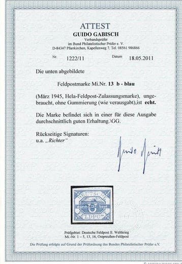 Duitse Rijk - Hela veldpostzegel met attest - MiNr. 13 b, Gestempeld