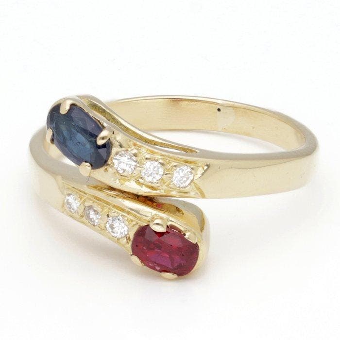 Bague - 18 carats Or jaune Saphir - Rubis - Diamant, Bijoux, Sacs & Beauté, Bagues