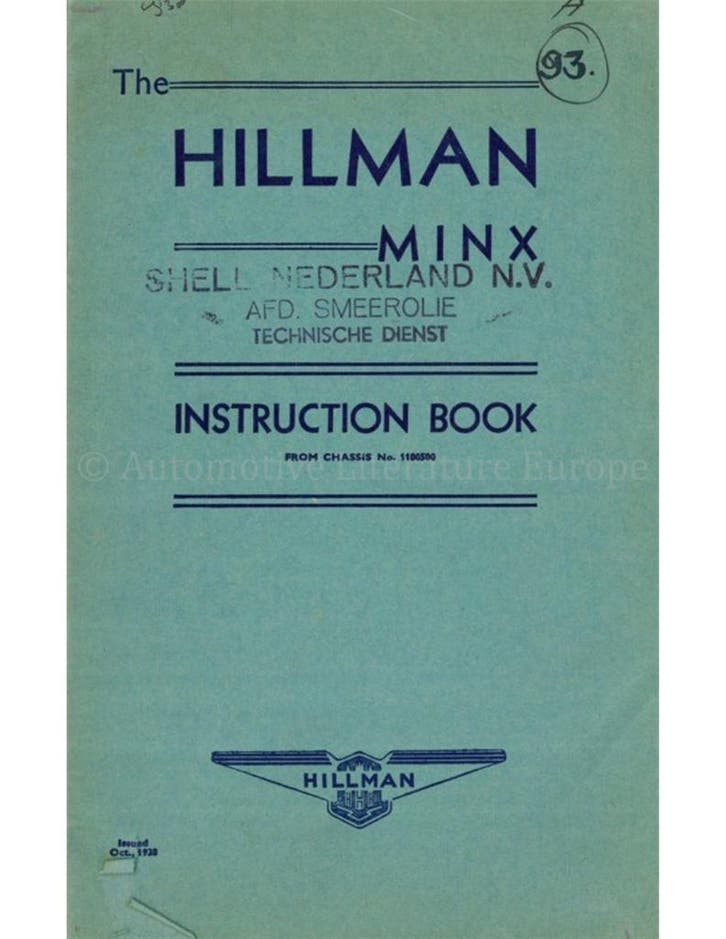 1939 HILLMAN MINX INSTRUCTIEBOEKJE ENGELS, Autos : Divers, Modes d'emploi & Notices d'utilisation