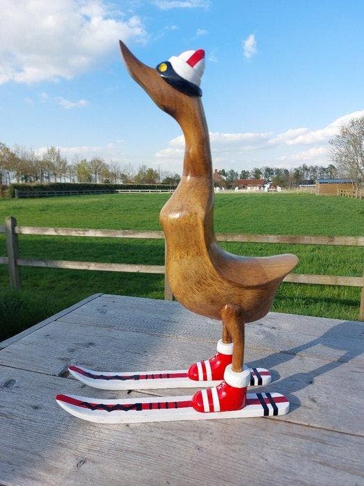 Beeld, wooden handmade ski duck - 50 cm - Hout, Antiek en Kunst, Kunst | Designobjecten