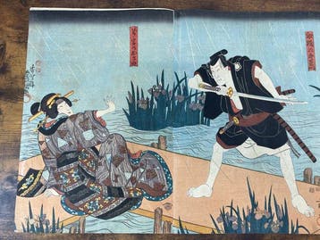 A Surprise Strike by the Waterside Irises - Ukiyo-e - Scene, Antiquités & Art