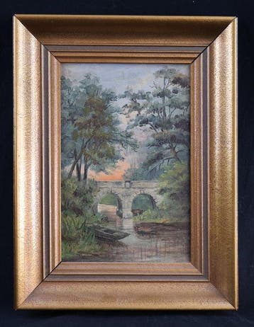 École allemande (XIX) - Flusslandschaft mit Steinbruecke und