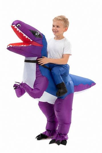 KIMU® Opblaas Kostuum Kinderen Rijdend op Velociraptor Paars, Ophalen of Verzenden, Nieuw