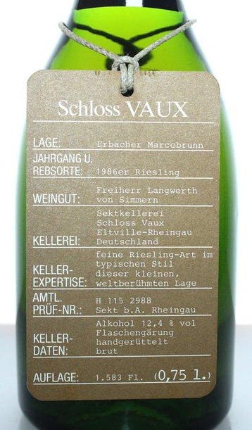 1986 Schloss Vaux, Erbacher Marcobrunn Riesling Sekt Brut -, Nieuw