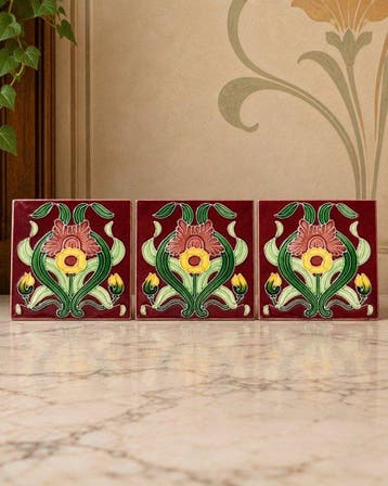 Tegel - 3 bloemen Art Nouveau tegels Jugendstil - 1910-1920