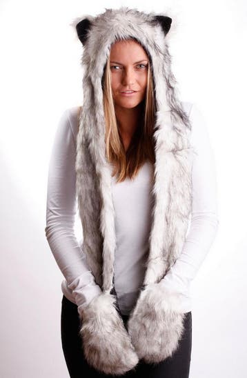 KIMU® Hood Grijze Wolf Muts met Sjaal Wanten en Oortjes Faux, Kleding | Dames, Ophalen of Verzenden, Nieuw