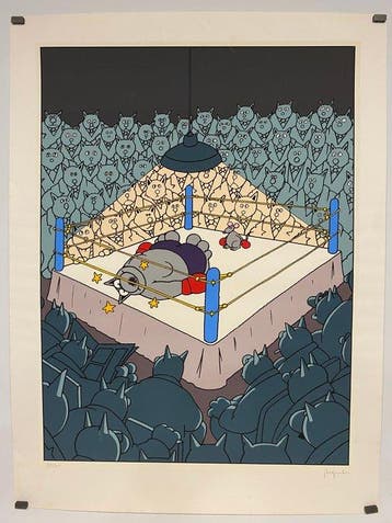 Philippe Geluck - Sérigraphie - Le Chat - K.O. sur le ring -