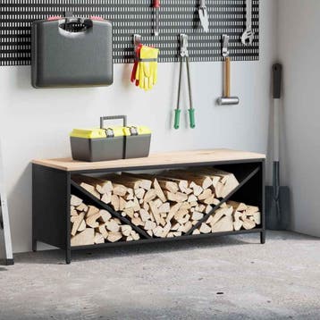 vidaXL Brandhoutrek met houten blad 100,5x35,5x40 cm zwart, Tuin en Terras, Verzenden