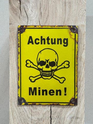WOII Pas op mijnen! Emaille bord - Tweede Wereldoorlog -
