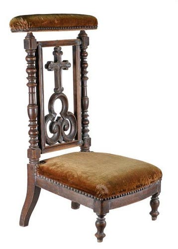 Antieke houten bidstoel / prie-dieu met Gotisch snijwerk en, Antiquités & Art