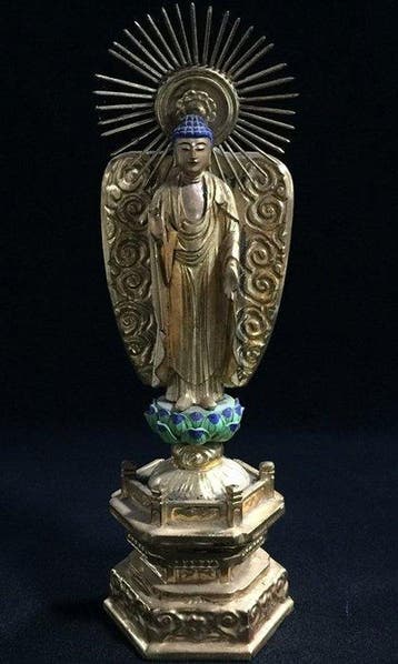 Vintage Japanese Hand-Carved Wooden Standing Buddha Statue -