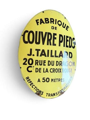 Emaille bord Fabrique de Couvre Pieds J. Taillard, Parijs,, Antiek en Kunst