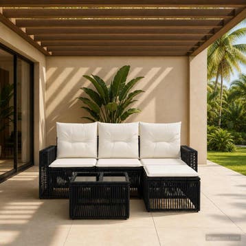vidaXL Tuinbank Set 5 st Zwart en Crème Wit poly rattan, Verzenden, Nieuw