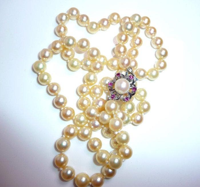 Halsketting - 14 karaat Witgoud - 0.25ct. tw. Parel - Robijn, Handtassen en Accessoires, Kettingen