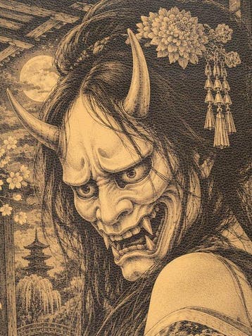 Artistiek wandtapijt Hannya – De demon van jaloezie en