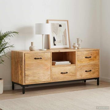 vidaXL TV Meubels met lade Bruin 110 x 30 x 46 cm Massief, Huis en Inrichting, Kasten |Televisiemeubels, Verzenden, Nieuw