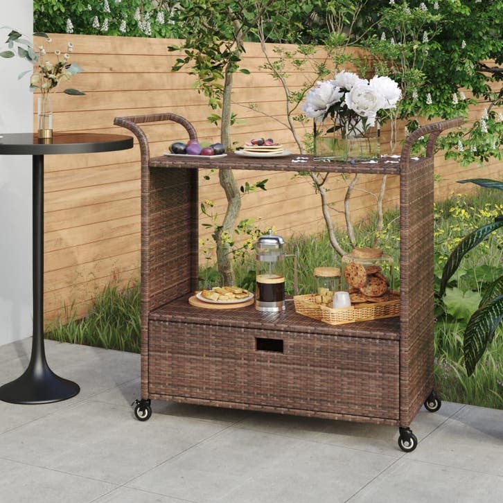 vidaXL Serveerwagen met lade 100x45x97 cm poly rattan bruin, Huis en Inrichting, Keuken | Keukenbenodigdheden, Nieuw, Verzenden