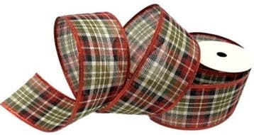Kerstlint tartan burlap wired edge rood groen 63 mm rol 9, Nieuw