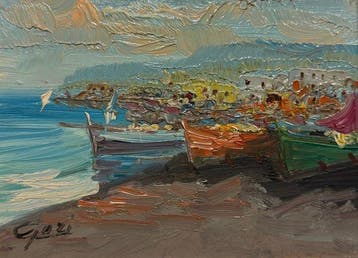 Otello Pedrazzoli (XX) - Barche sulla spiaggia, Antiek en Kunst