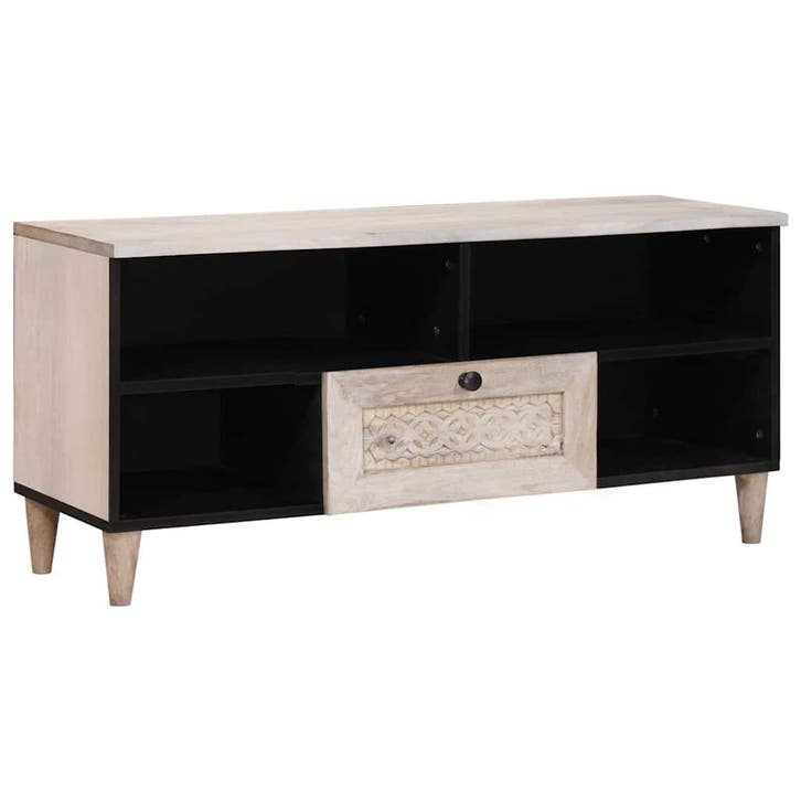 vidaXL TV Kast Bleached White 100 x 33 x 46 cm Massief Mango, Huis en Inrichting, Woonaccessoires | Cd- en Dvd-rekken, Nieuw, Verzenden