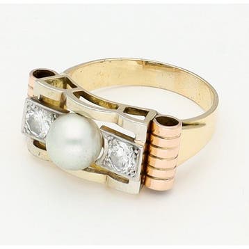 Ring - 18 karaat Geel goud, Roségoud Parel - Diamant, Nieuw