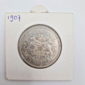 Zweden. Oscar II. 2 Kronor 1907 (Zonder minimumprijs), Gestempeld