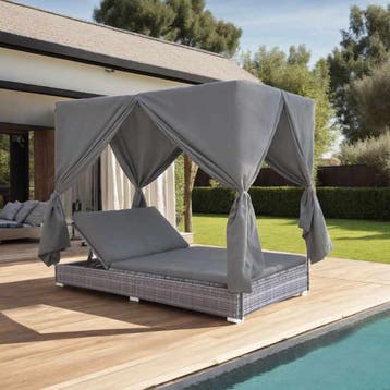 vidaXL Loungebed met gordijnen poly rattan grijs, Jardin & Terrasse, Chaises longues, Verzenden