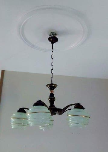 Lampe - Laiton moulé, Opaline - Lampe antique à cinq bras, Antiquités & Art