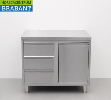 HCB RVS Werkkast Kast Werktafel Afvalbak en 3 laden 100 cm, Ophalen of Verzenden
