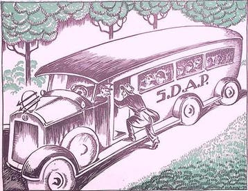 Bus van de SDAP afgebeeld op spotprent (lijst optie), Verzenden