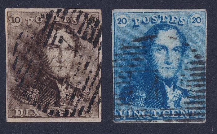 België 1849 - Epauletten 10c Bruin en 20c Blauw, met, Postzegels en Munten, Postzegels | Europa | België