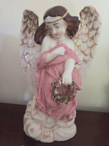 Beeldje, Anjo com coroa de flores - 25 cm - Porselein