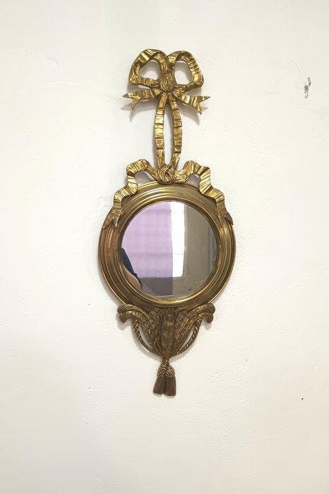Wandspiegel - Messing, Metaal, Brons - Spiegel met strik en, Antiquités & Art, Curiosités & Brocante