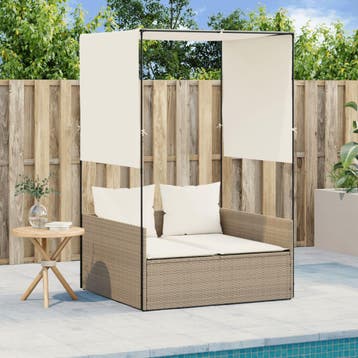 vidaXL Ligbed tweepersoons met dak en gordijn poly rattan, Verzenden