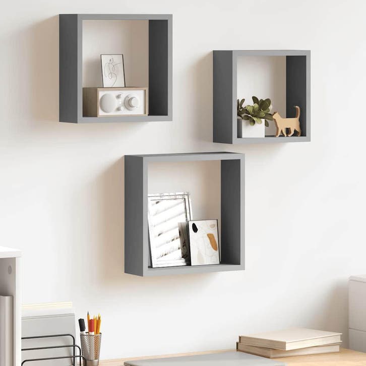 vidaXL Wandschappen kubus 3 st MDF grijs, Huis en Inrichting, Kasten | Wandmeubels, Nieuw, Verzenden