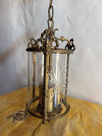 Plafondlamp - Lantaarn, messing - convex glas - Verguld, Antiek en Kunst
