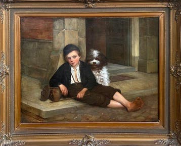 Louis de Burbure (1837-1911) - Jongen met zijn hondje, Antiquités & Art