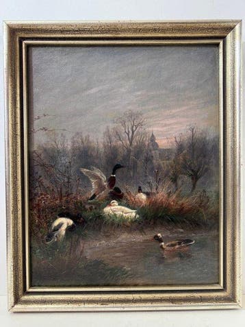 Fritz Lange (1851-1922) - Entenfamilie vor Dorfkulisse